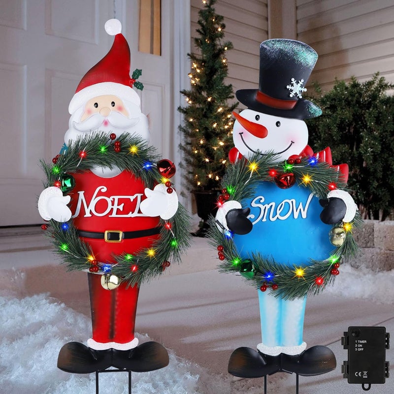 Stentec Lighted Christmas Decorations Outdoor, 2 Pack 30" Height Santa & Snowman Xmas Yard Signs Metal Garden Stakes with LED Lights, Battery Powered for Holiday New Year Winter Walkway Patio Lawn - Image 1